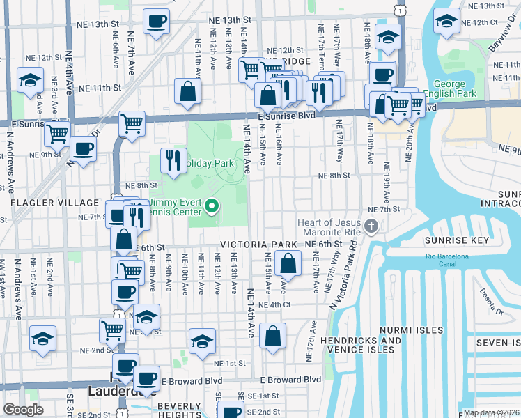 map of restaurants, bars, coffee shops, grocery stores, and more near 640 Northeast 15th Avenue in Fort Lauderdale