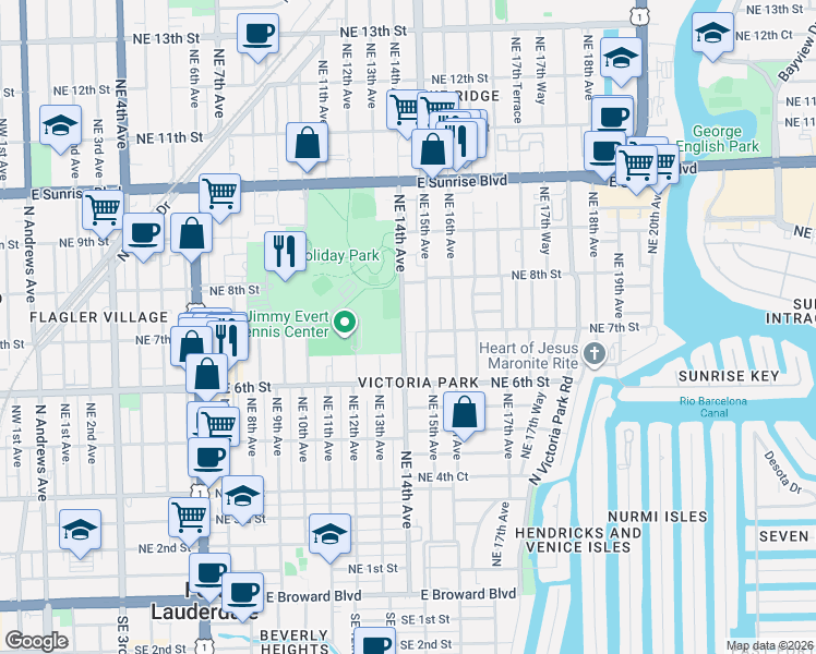 map of restaurants, bars, coffee shops, grocery stores, and more near 630 Northeast 13th Avenue in Fort Lauderdale