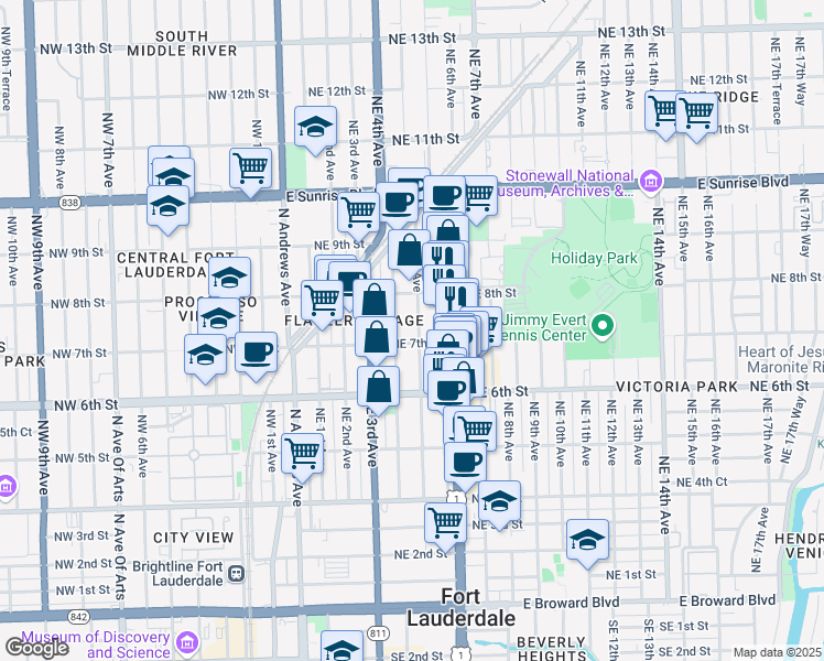 map of restaurants, bars, coffee shops, grocery stores, and more near 651 Northeast 5th Avenue in Fort Lauderdale