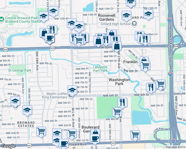 map of restaurants, bars, coffee shops, grocery stores, and more near 2852 Northwest 8th Street in Fort Lauderdale