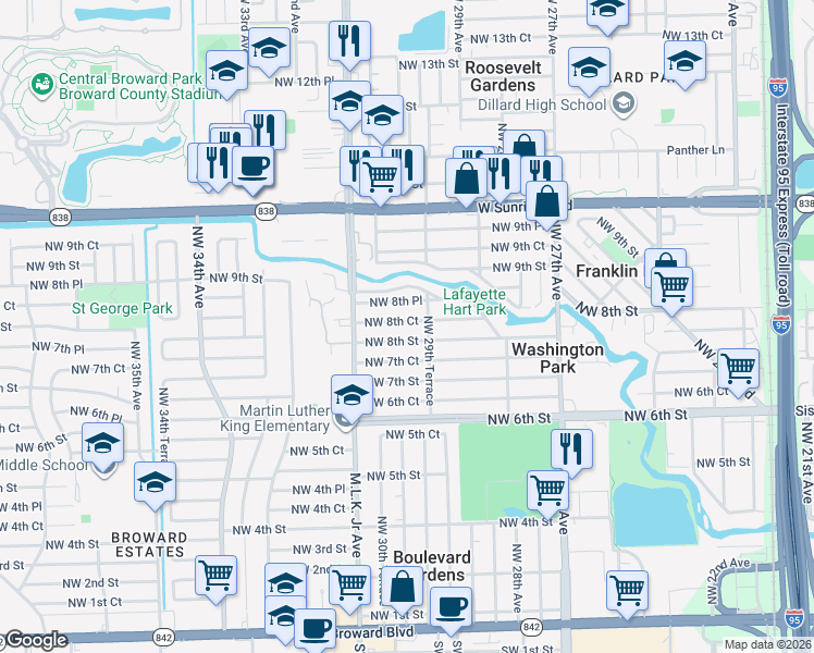 map of restaurants, bars, coffee shops, grocery stores, and more near 2920 Northwest 8th Street in Fort Lauderdale