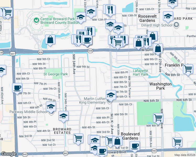 map of restaurants, bars, coffee shops, grocery stores, and more near 750 Northwest 33rd Avenue in Fort Lauderdale
