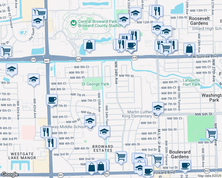 map of restaurants, bars, coffee shops, grocery stores, and more near 3410 Northwest 8th Street in Fort Lauderdale