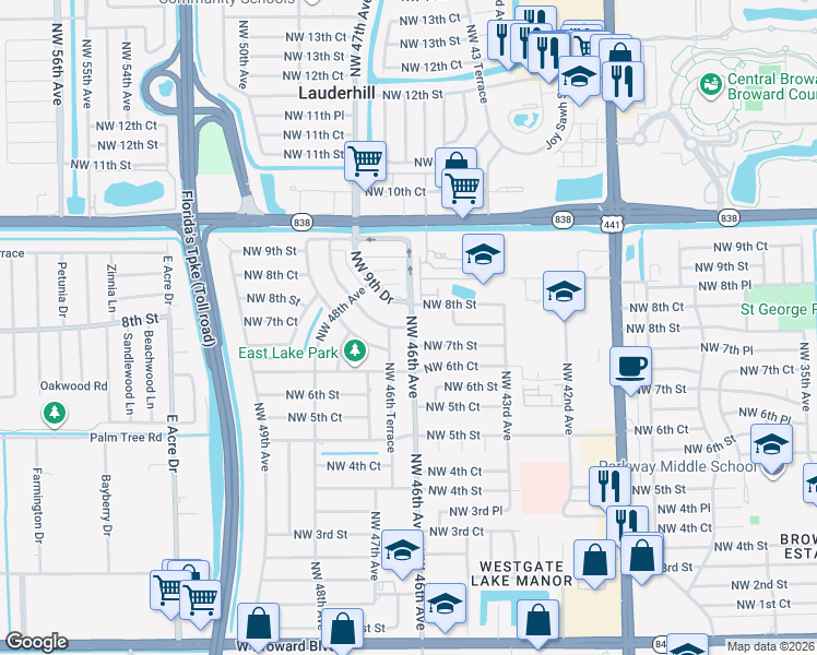 map of restaurants, bars, coffee shops, grocery stores, and more near 688 Northwest 46th Terrace in Plantation