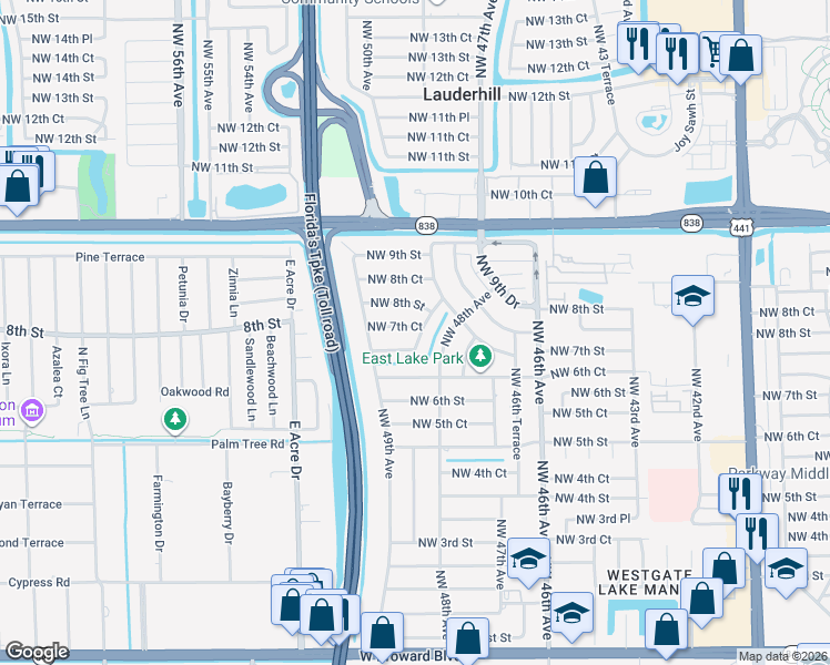 map of restaurants, bars, coffee shops, grocery stores, and more near 4841 Northwest 7th Street in Plantation