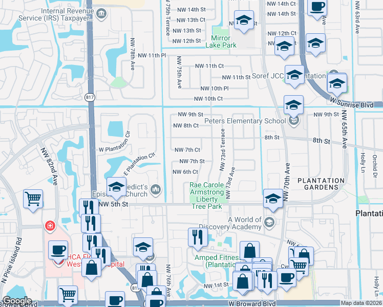 map of restaurants, bars, coffee shops, grocery stores, and more near 7481 Northwest 7th Street in Plantation