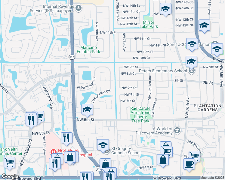 map of restaurants, bars, coffee shops, grocery stores, and more near 720 East Plantation Circle in Plantation