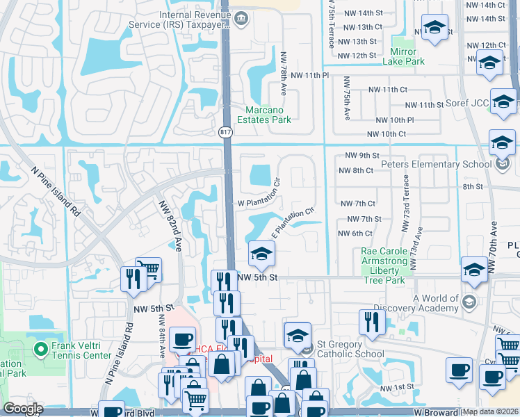 map of restaurants, bars, coffee shops, grocery stores, and more near 7930 Northwest 6th Court in Plantation