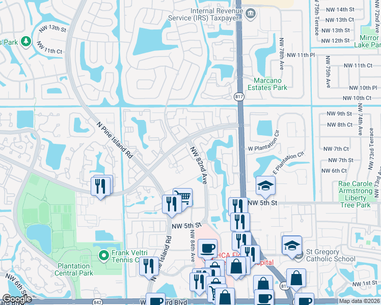 map of restaurants, bars, coffee shops, grocery stores, and more near Northwest 82nd Avenue in Plantation