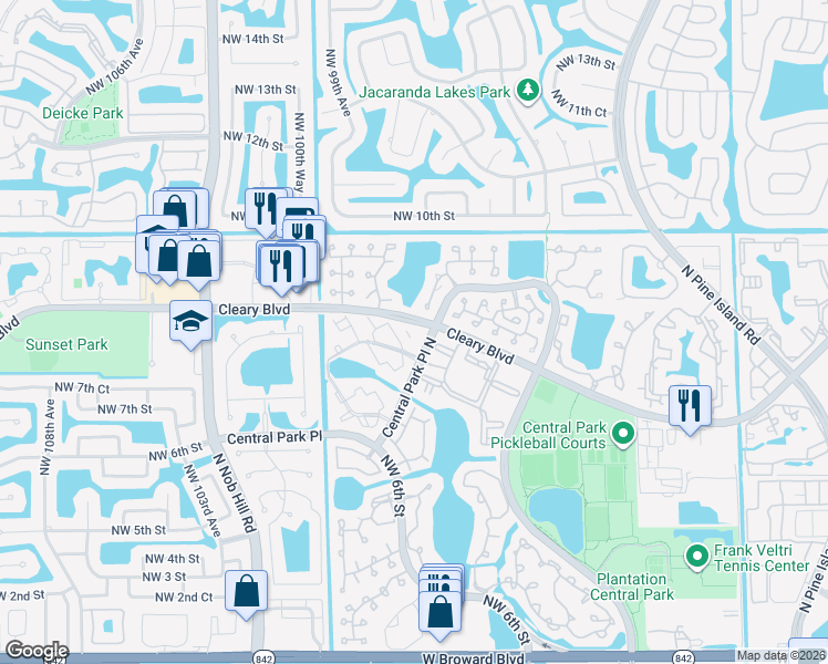 map of restaurants, bars, coffee shops, grocery stores, and more near 703 Northwest 98th Circle in Plantation