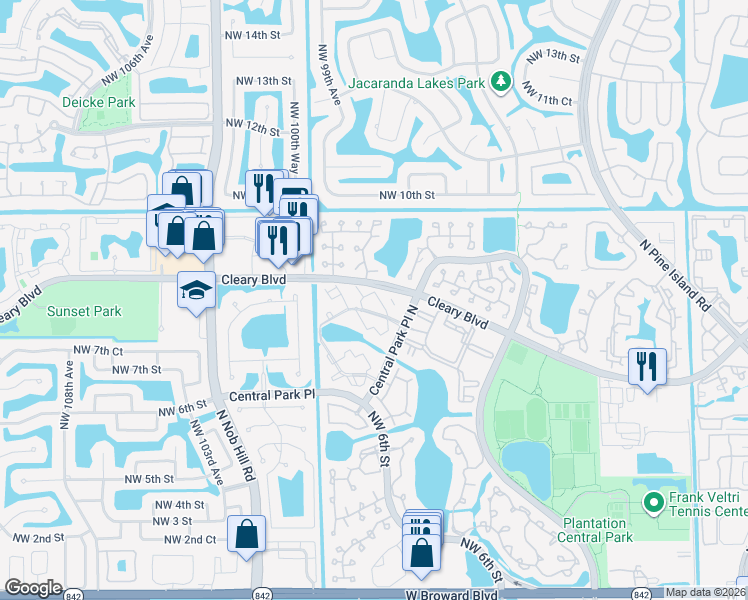 map of restaurants, bars, coffee shops, grocery stores, and more near 703 Northwest 98th Circle in Plantation