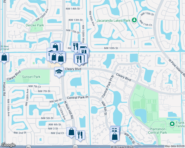 map of restaurants, bars, coffee shops, grocery stores, and more near 50 Northwest 7th Street in Plantation
