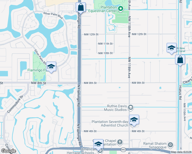 map of restaurants, bars, coffee shops, grocery stores, and more near 801 Northwest 122nd Avenue in Plantation