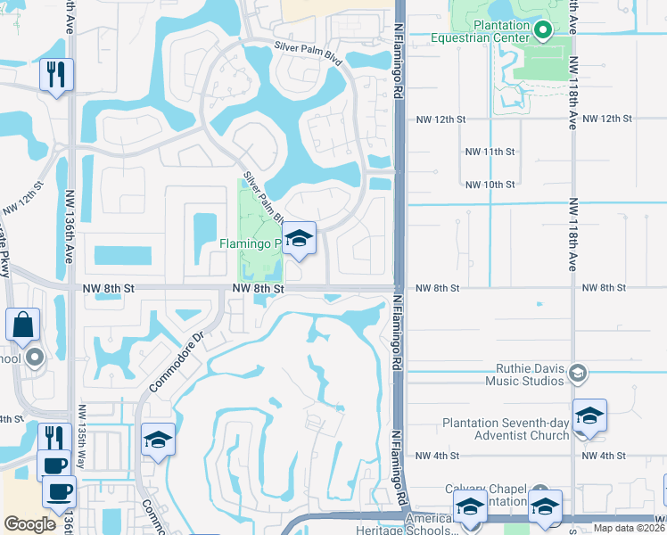 map of restaurants, bars, coffee shops, grocery stores, and more near 1009 Northwest 125th Terrace in Sunrise