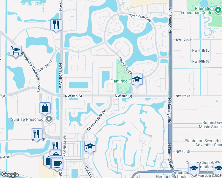 map of restaurants, bars, coffee shops, grocery stores, and more near 13100 Northwest 8th Court in Sunrise