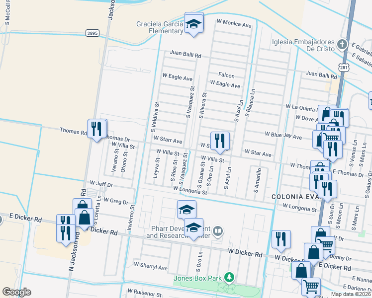 map of restaurants, bars, coffee shops, grocery stores, and more near 6604 South Rivera Street in Pharr
