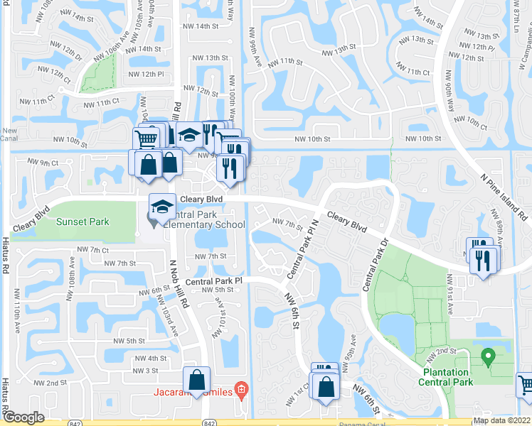 map of restaurants, bars, coffee shops, grocery stores, and more near 718 Northwest 99th Circle in Plantation