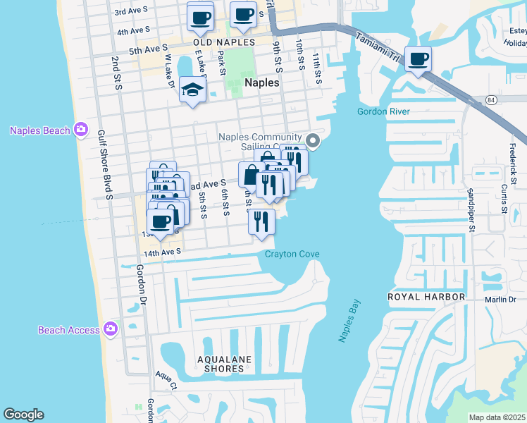 map of restaurants, bars, coffee shops, grocery stores, and more near 1325 7th Street South in Naples
