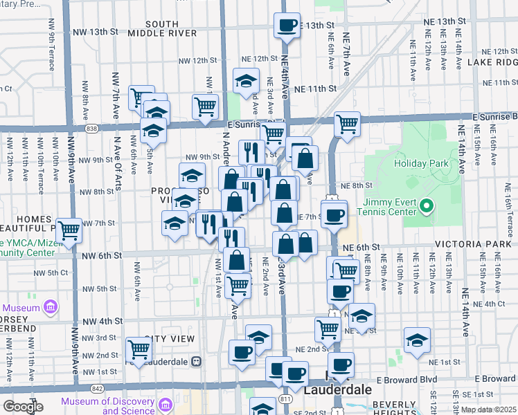 map of restaurants, bars, coffee shops, grocery stores, and more near 715 Northeast 2nd Avenue in Fort Lauderdale