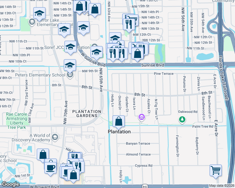 map of restaurants, bars, coffee shops, grocery stores, and more near 725 Orchid Drive in Plantation