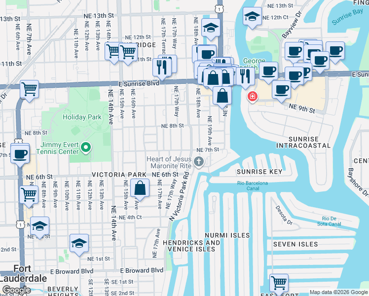 map of restaurants, bars, coffee shops, grocery stores, and more near 638 North Victoria Park Road in Fort Lauderdale