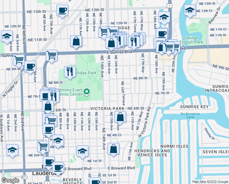 map of restaurants, bars, coffee shops, grocery stores, and more near 640 Northeast 15th Avenue in Fort Lauderdale