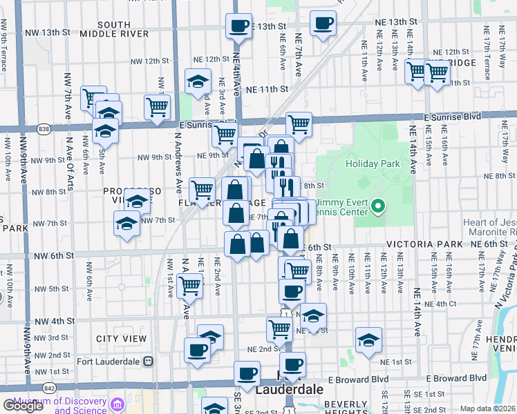 map of restaurants, bars, coffee shops, grocery stores, and more near 651 Northeast 5th Avenue in Fort Lauderdale
