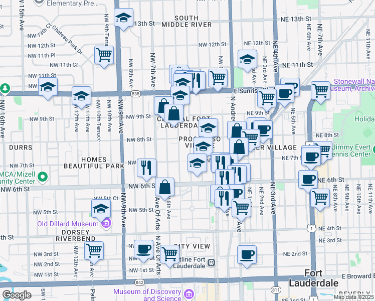 map of restaurants, bars, coffee shops, grocery stores, and more near 405 Northwest 7th Street in Fort Lauderdale