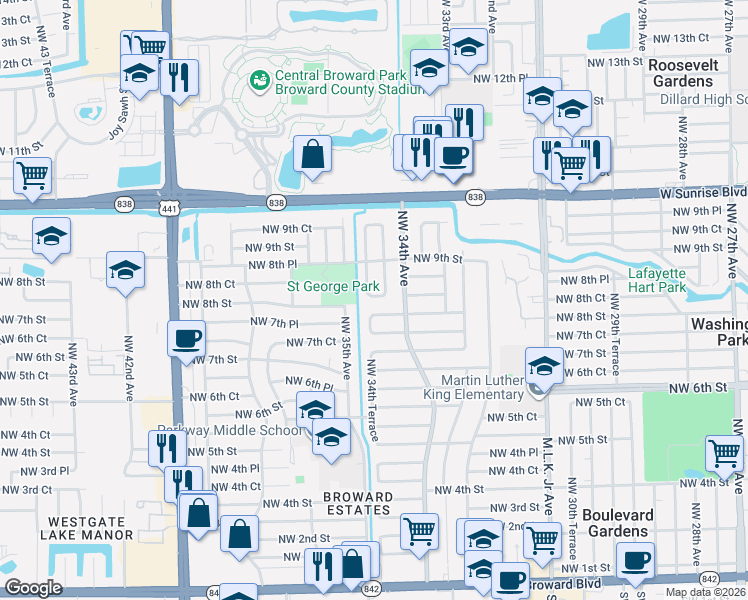 map of restaurants, bars, coffee shops, grocery stores, and more near 741 Northwest 34th Terrace in Fort Lauderdale