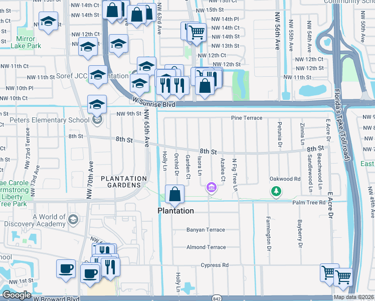 map of restaurants, bars, coffee shops, grocery stores, and more near 712 Garden Court in Plantation
