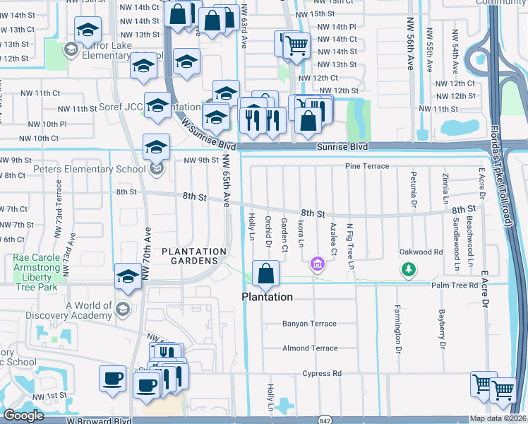 map of restaurants, bars, coffee shops, grocery stores, and more near 725 Orchid Drive in Plantation