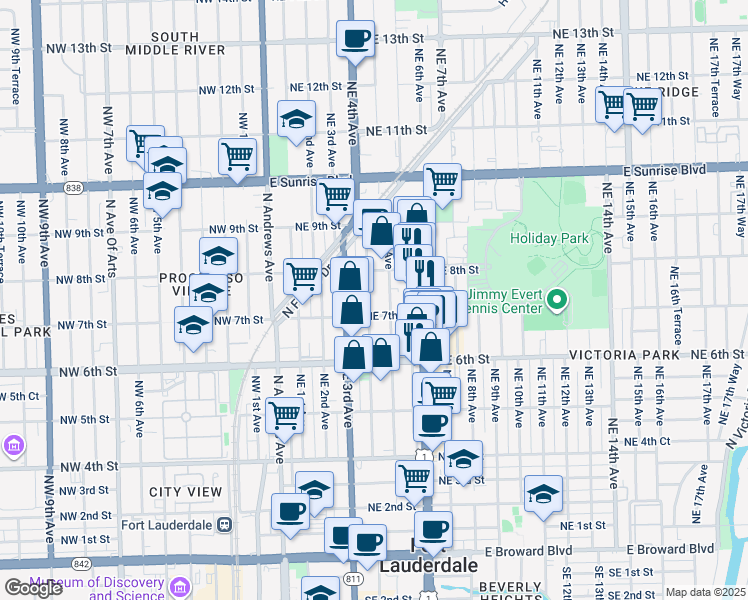 map of restaurants, bars, coffee shops, grocery stores, and more near 720 Northeast 4th Avenue in Fort Lauderdale