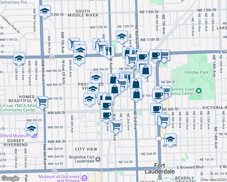 map of restaurants, bars, coffee shops, grocery stores, and more near 777 Northeast 1st Avenue in Fort Lauderdale