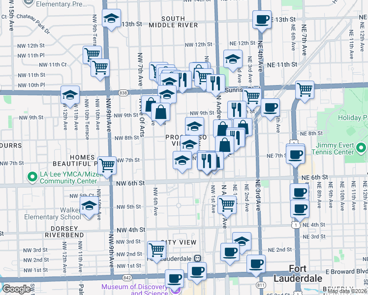 map of restaurants, bars, coffee shops, grocery stores, and more near 721 Northwest 3rd Avenue in Fort Lauderdale