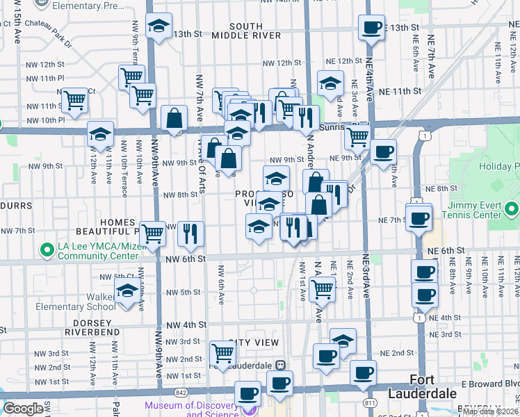 map of restaurants, bars, coffee shops, grocery stores, and more near 721 Northwest 3rd Avenue in Fort Lauderdale