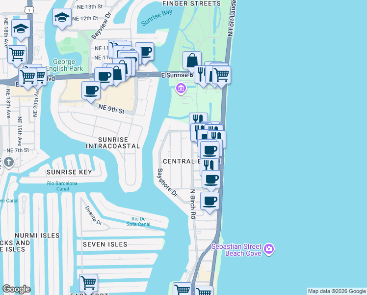 map of restaurants, bars, coffee shops, grocery stores, and more near 711 North Birch Road in Fort Lauderdale