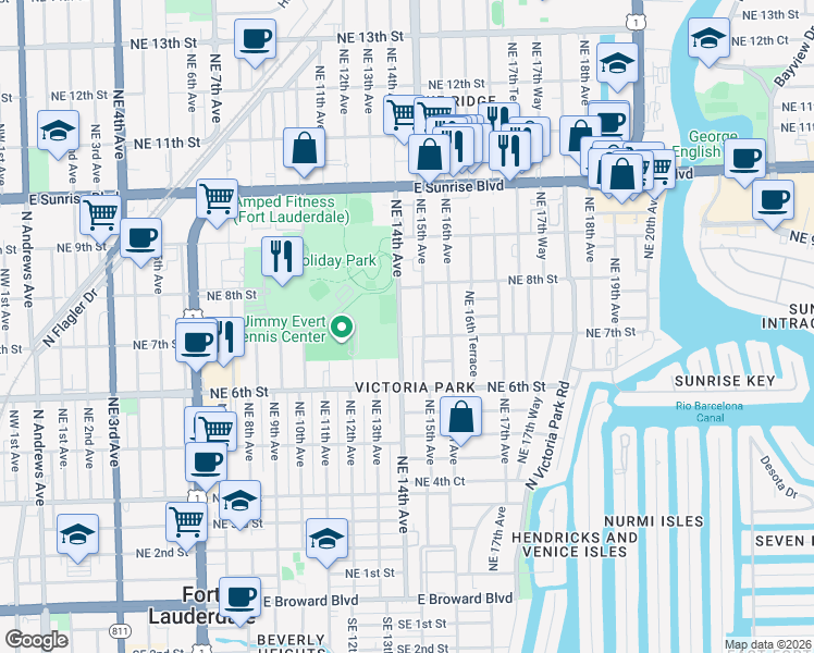 map of restaurants, bars, coffee shops, grocery stores, and more near 726 Northeast 15th Avenue in Fort Lauderdale