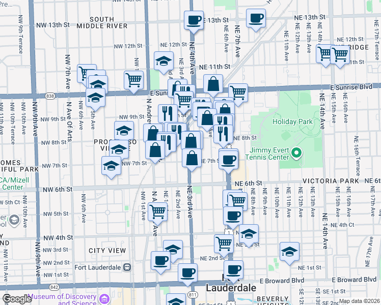 map of restaurants, bars, coffee shops, grocery stores, and more near 736 Northeast 3rd Avenue in Fort Lauderdale
