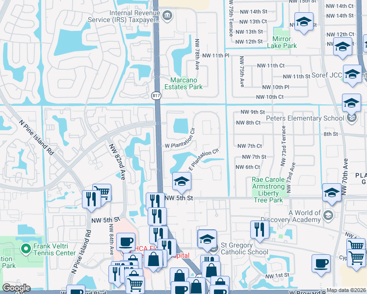 map of restaurants, bars, coffee shops, grocery stores, and more near 7903 Northwest 7th Court in Plantation