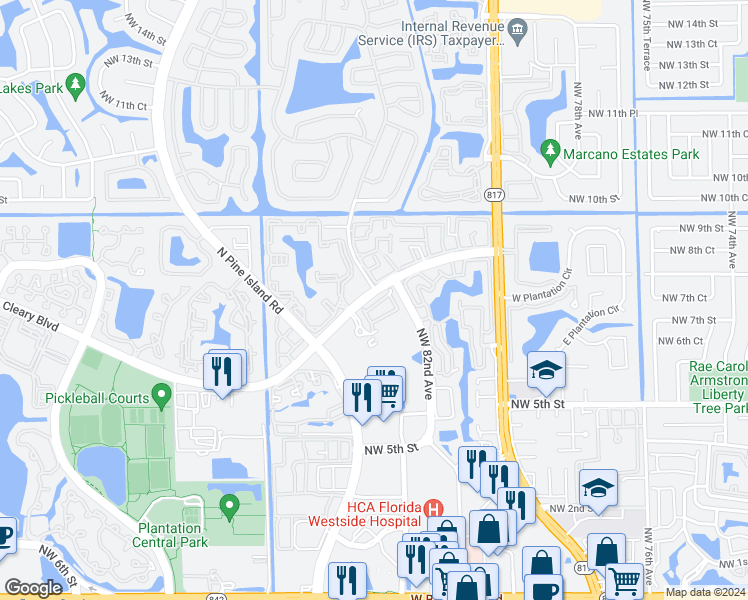 map of restaurants, bars, coffee shops, grocery stores, and more near 8243 Northwest 8th Street in Plantation