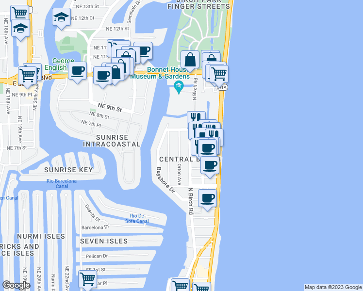 map of restaurants, bars, coffee shops, grocery stores, and more near 711 North Birch Road in Fort Lauderdale