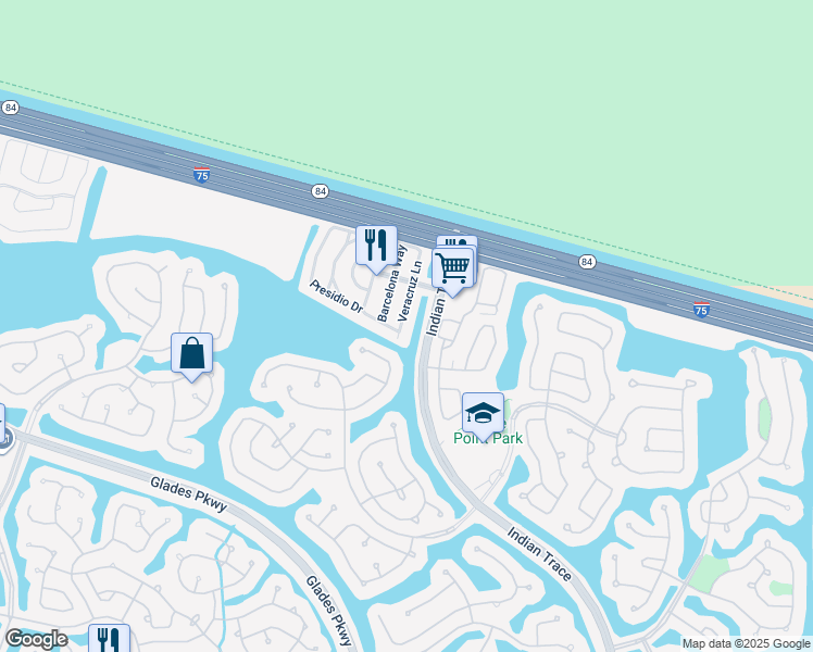map of restaurants, bars, coffee shops, grocery stores, and more near 1360 Veracruz Lane in Weston