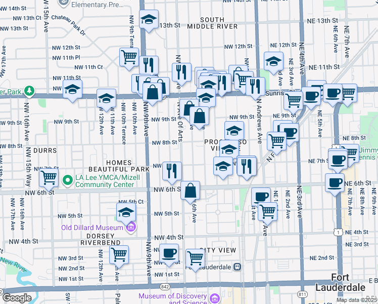 map of restaurants, bars, coffee shops, grocery stores, and more near 750 Northwest 6th Avenue in Fort Lauderdale