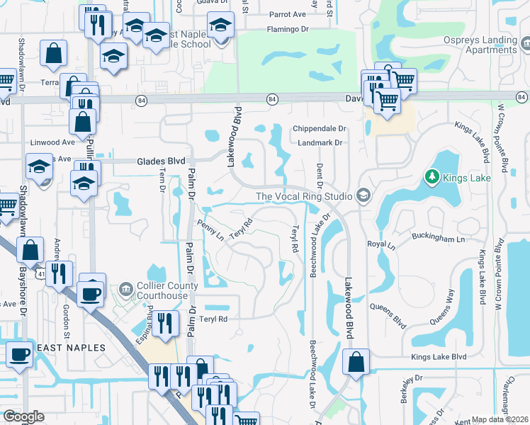 map of restaurants, bars, coffee shops, grocery stores, and more near 4680 Lakewood Boulevard in Naples