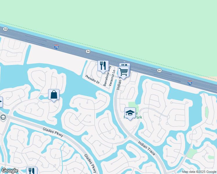 map of restaurants, bars, coffee shops, grocery stores, and more near 1353 Veracruz Lane in Weston