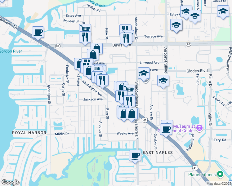 map of restaurants, bars, coffee shops, grocery stores, and more near 2523 Winifred Avenue in Naples