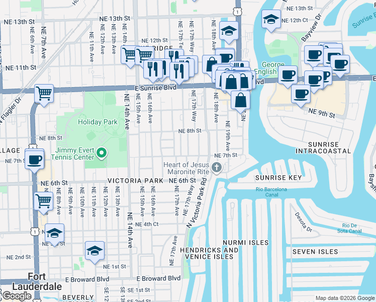map of restaurants, bars, coffee shops, grocery stores, and more near 720 Northeast 17th Terrace in Fort Lauderdale