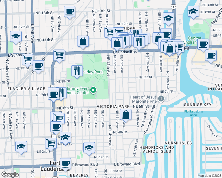 map of restaurants, bars, coffee shops, grocery stores, and more near 726 Northeast 15th Avenue in Fort Lauderdale