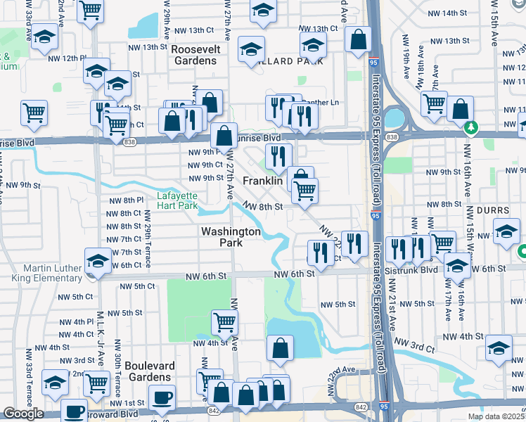 map of restaurants, bars, coffee shops, grocery stores, and more near in Franklin Park