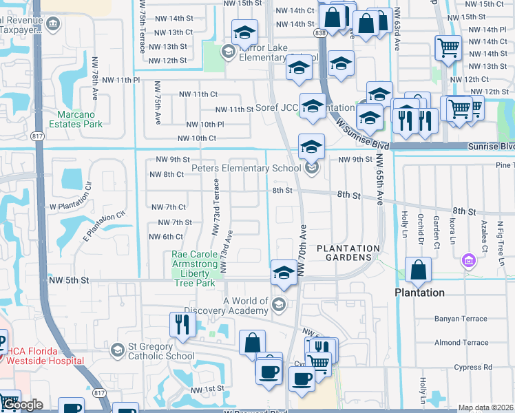 map of restaurants, bars, coffee shops, grocery stores, and more near 7100 8th Street in Plantation